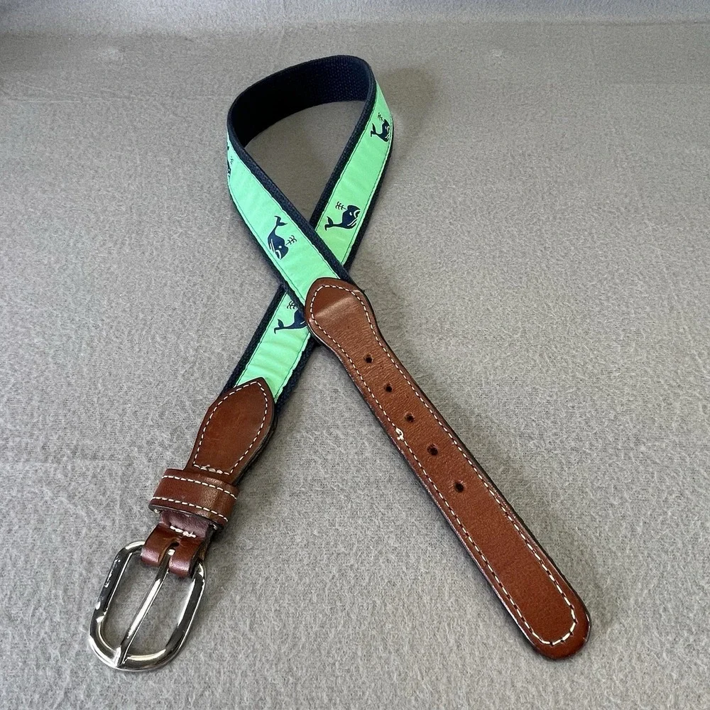 Preston Belt Boys Green Whale Ribbon Navy Web Leather Canvas 26